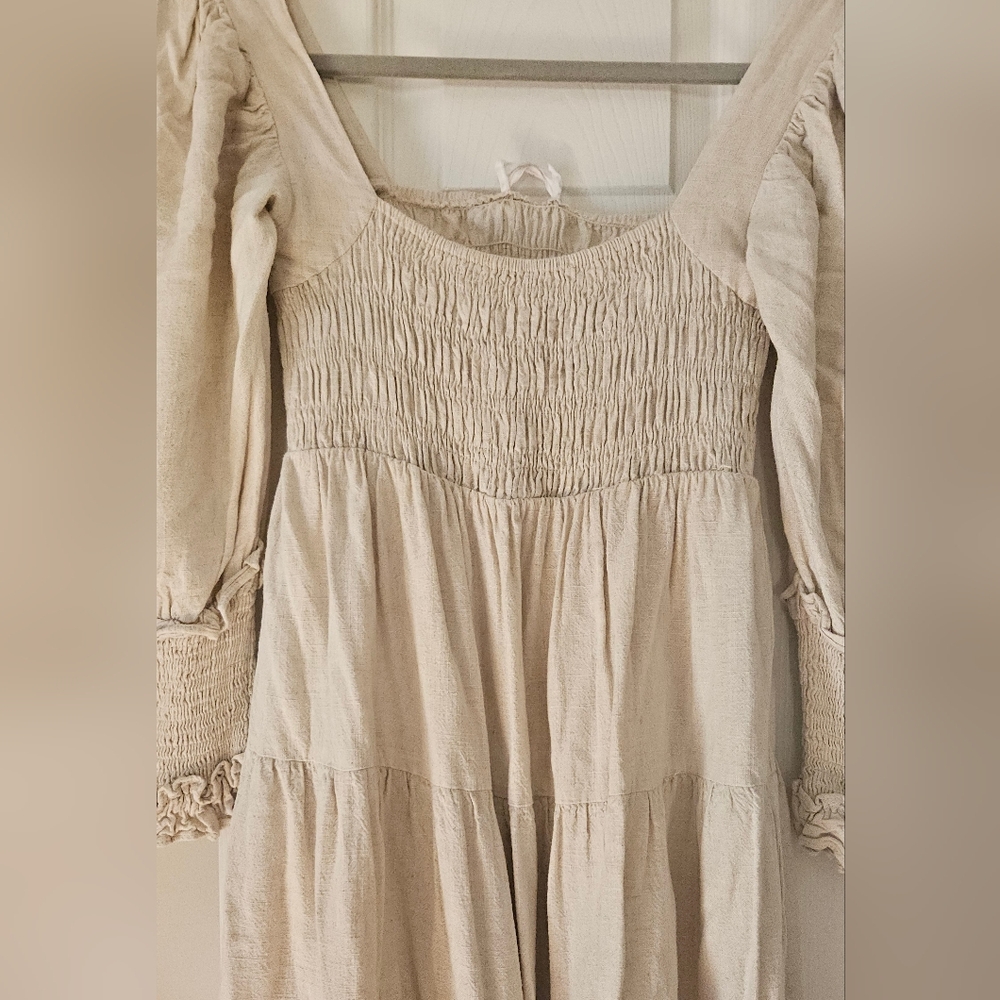 Girl and the Sun Bambi Maxi Dress XS Oatmeal Linen Blend Cottagecore Smocked - Picture 8 of 9